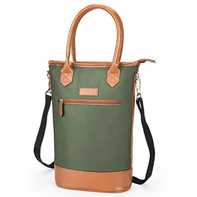 Tirrinia Insulated Wine Gift carrier Tote - Travel Padded 2 Bottle Wine/Champagne Cooler Bag with Handle and Adjustable Shoulder Strap, Great Wine Lover Gift, Olive