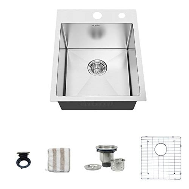 TORVA 15-Inch Drop-in Kitchen Sink, 16 Gauge Stainless Steel Topmount Single Bowl - 9 Inches Deep Bar/Prep Basin