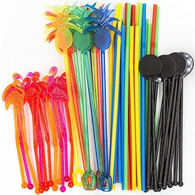 Bar Caddy Supplies (60 Pack) – Assorted Swizzle Sticks/Drink Stirrers (12 of Each Design) – Disposable Flexible Drinking Straws in 2 Sizes – Small Bar Party Supply Refill Pack for Bar Organizer