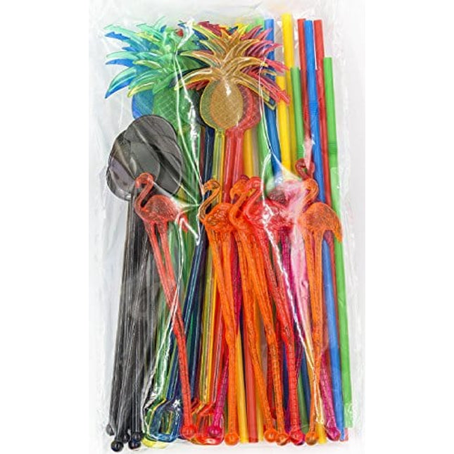 Bar Caddy Supplies (60 Pack) – Assorted Swizzle Sticks/Drink Stirrers (12 of Each Design) – Disposable Flexible Drinking Straws in 2 Sizes – Small Bar Party Supply Refill Pack for Bar Organizer