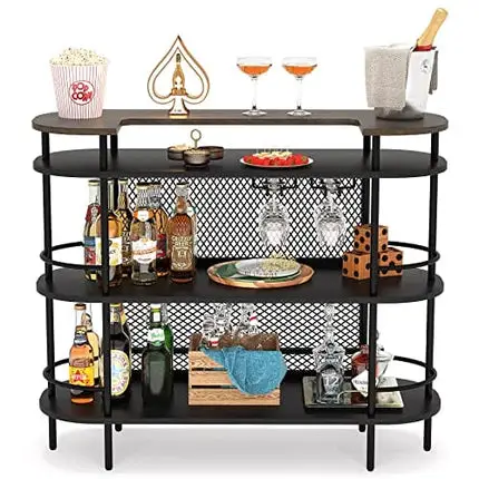 Tribesigns Bar Unit for Liquor, 4 Tier Bar Table with Storage Shelves and Foot Rail, Corner Mini Bar Cabinet with Wine Glasses Holder for Home/Kitchen/Bar/Pub, Black and Walnut
