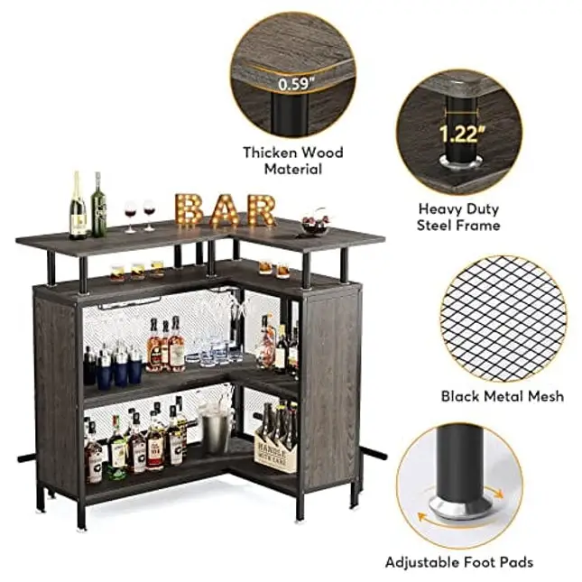 Tribesigns Home Bar Unit, L-Shaped Liquor Bar Table with Stemware Racks and 2-Tier Shelves, Corner Mini Bar Cabinet Coffee Bar Table with Footrest for Home/Kitchen/Bar/Pub, Bar Table, Gray