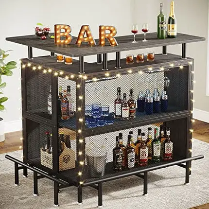 Tribesigns Home Bar Unit, L-Shaped Liquor Bar Table with Stemware Racks and 2-Tier Shelves, Corner Mini Bar Cabinet Coffee Bar Table with Footrest for Home/Kitchen/Bar/Pub, Bar Table, Gray