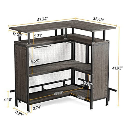 Tribesigns Home Bar Unit, L-Shaped Liquor Bar Table with Stemware Racks and 2-Tier Shelves, Corner Mini Bar Cabinet Coffee Bar Table with Footrest for Home/Kitchen/Bar/Pub, Bar Table, Gray