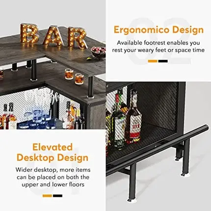 Tribesigns Home Bar Unit, L-Shaped Liquor Bar Table with Stemware Racks and 2-Tier Shelves, Corner Mini Bar Cabinet Coffee Bar Table with Footrest for Home/Kitchen/Bar/Pub, Bar Table, Gray