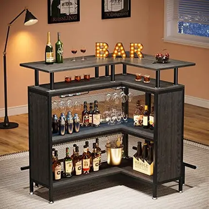 Tribesigns Home Bar Unit, L-Shaped Liquor Bar Table with Stemware Racks and 2-Tier Shelves, Corner Mini Bar Cabinet Coffee Bar Table with Footrest for Home/Kitchen/Bar/Pub, Bar Table, Gray