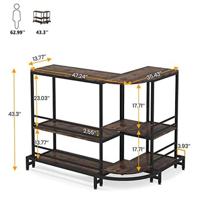 Tribesigns L-Shaped Home Bar Unit, 3-Tier Liquor Bar Table with Storage and Footrest, 43.3" Tall Wine Bar Stand Pub Bar Table for Liquor and Glasses, Rustic Brown