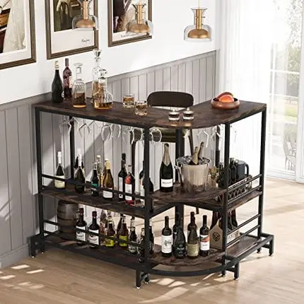 Tribesigns L-Shaped Home Bar Unit, 3-Tier Liquor Bar Table with Storage and Footrest, 43.3" Tall Wine Bar Stand Pub Bar Table for Liquor and Glasses, Rustic Brown