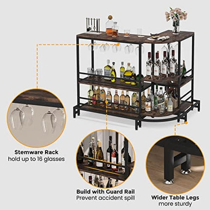 Tribesigns L-Shaped Home Bar Unit, 3-Tier Liquor Bar Table with Storage and Footrest, 43.3" Tall Wine Bar Stand Pub Bar Table for Liquor and Glasses, Rustic Brown