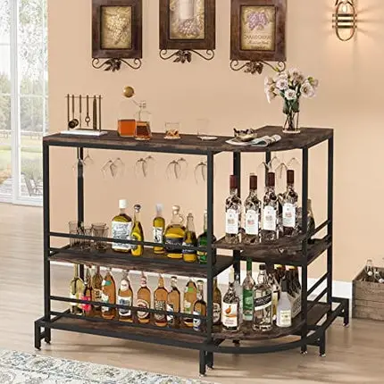 Tribesigns L-Shaped Home Bar Unit, 3-Tier Liquor Bar Table with Storage and Footrest, 43.3" Tall Wine Bar Stand Pub Bar Table for Liquor and Glasses, Rustic Brown