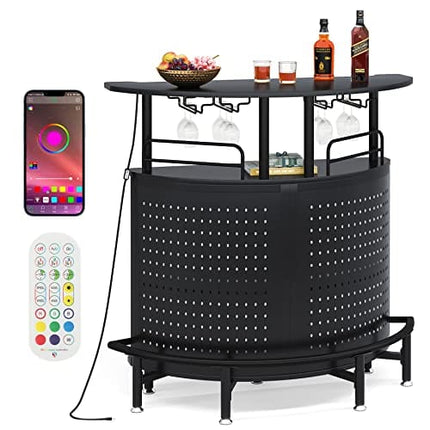 Tribesigns Smart Bar Unit with Led Lights, 3-Tier Liquor Bar Table with Wine Glasses Holder and Storage Shelves, Wine Bar Cabinet with Metal Mesh & Footrest Mini Bar Buffet Sideboard for Home Kitchen