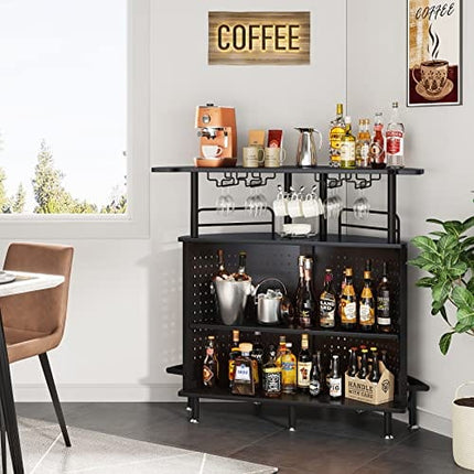Tribesigns Smart Bar Unit with Led Lights, 3-Tier Liquor Bar Table with Wine Glasses Holder and Storage Shelves, Wine Bar Cabinet with Metal Mesh & Footrest Mini Bar Buffet Sideboard for Home Kitchen