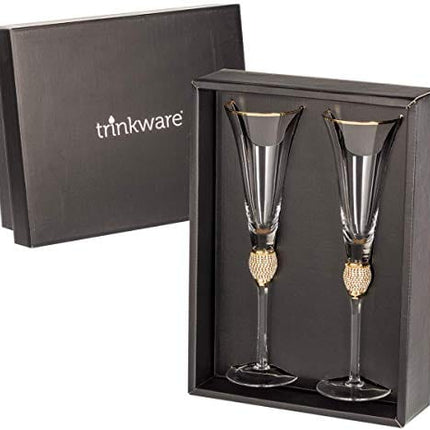 Trinkware Wedding Champagne Flutes - Rhinestone DIAMOND Studded Toasting Glasses With Gold Rim - Long Stem, 7oz, 11-inches Tall – Elegant Glassware And Stemware - Set of 2 For Bride And Groom