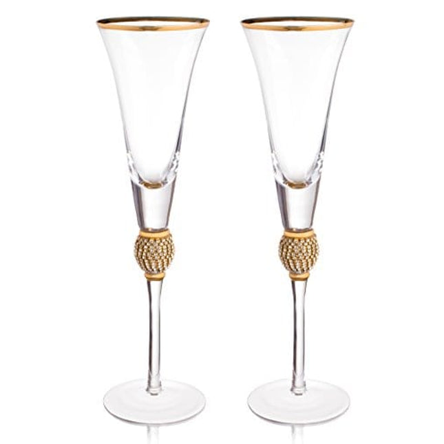 Trinkware Wedding Champagne Flutes - Rhinestone DIAMOND Studded Toasting Glasses With Gold Rim - Long Stem, 7oz, 11-inches Tall – Elegant Glassware And Stemware - Set of 2 For Bride And Groom