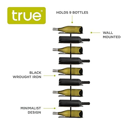 True Align Wall-Mounted Wine Rack, Black Wrought Iron, Minimalist Modern Wine Display, Alcohol Storage Solution, Holds Nine Standard Wine Bottles, 37.75" x 9.75"