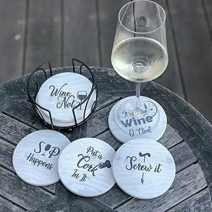 Coasters for Drinks Absorbents with Holder - 6 Pcs Gift Set with 6 Funny Sayings for Wine Lovers - Ceramic Stone with Corked Back, Unique Present for Housewarming, Living Room Decor