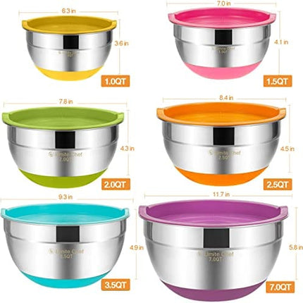 Umite Chef Mixing Bowls with Airtight Lids, 6 Piece Stainless Steel Metal Bowls, Measurement Marks & Colorful Non-Slip Bottoms Size 7, 3.5, 2.5, 2.0,1.5, 1QT, Great for Mixing & Serving