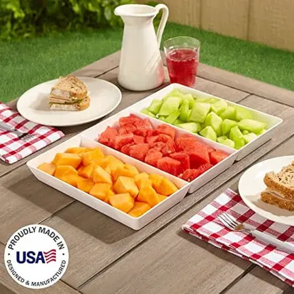 US Acrylic Avant 15" x 10" Plastic 3-Section Stackable Serving Tray in White | Set of 3 Appetizer, Charcuterie, Food, Snack, Dessert Platters | Reusable, BPA-Free, Made in The USA