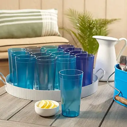 US Acrylic Café 20-ounce Plastic Restaurant Style Lightweight Stackable Beverage Tumblers | Reusable, BPA-free, Made in the USA, Top-rack Dishwasher Safe | Water Cups set of 16 in 4 Coastal Colors