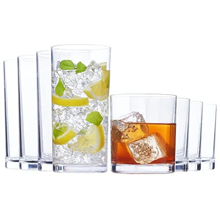 US Acrylic Classic Clear Plastic Reusable Drinking Glasses (Set of 8) 12oz Rocks & 16oz Water Cups | BPA-Free Tumblers, Made in USA | Top-Rack Dishwasher Safe