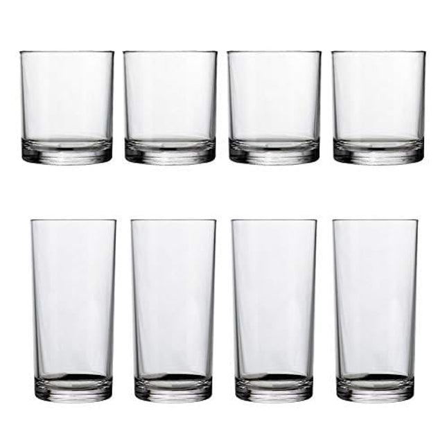 US Acrylic Classic Clear Plastic Reusable Drinking Glasses (Set of 8) 12oz Rocks & 16oz Water Cups | BPA-Free Tumblers, Made in USA | Top-Rack Dishwasher Safe