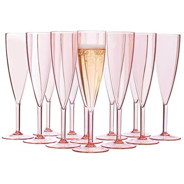 US Acrylic Plastic 5 ounce One Piece Champagne Flute in Rose | Set of 12 Wine Stems | Reusable, BPA-free, Made in the USA, Top-rack Dishwasher Safe