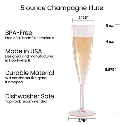 US Acrylic Plastic 5 ounce One Piece Champagne Flute in Rose | Set of 12 Wine Stems | Reusable, BPA-free, Made in the USA, Top-rack Dishwasher Safe