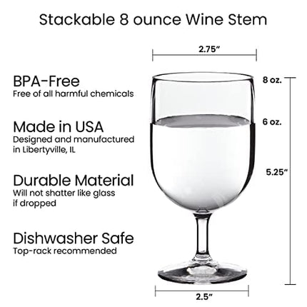 US Acrylic Stackable 8 ounce Plastic Wine Stems in Clear | Set of 8 Reusable, BPA-free, Made in the USA, Top-rack Dishwasher Safe