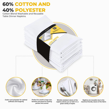 Utopia Kitchen White Cloth Napkins [12 Pack, 18x18 Inch] Cotton Blend Washable and Reusable Table Dinner Napkins for Hotel, Lunch, Restaurant, Weddings, Event and Parties