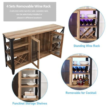 Wine Bar Cabinet for Liquor and Glasses, Farmhouse Coffee Bar Cabinet, Liquor Cabinet Bar for Home Living Room Dining Room, Sideboard Buffet Cabinet with Storage for Kitchen, 58 in(L) (Rustic Oak)