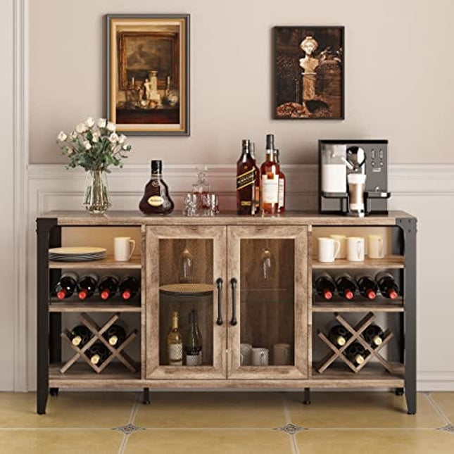 Wine Bar Cabinet for Liquor and Glasses, Farmhouse Coffee Bar Cabinet, Liquor Cabinet Bar for Home Living Room Dining Room, Sideboard Buffet Cabinet with Storage for Kitchen, 58 in(L) (Rustic Oak)