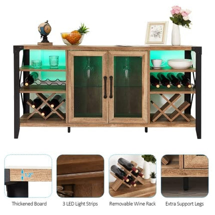 Wine Bar Cabinet for Liquor and Glasses, Farmhouse Coffee Bar Cabinet, Liquor Cabinet Bar for Home Living Room Dining Room, Sideboard Buffet Cabinet with Storage for Kitchen, 58 in(L) (Rustic Oak)