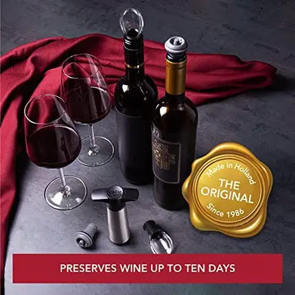 The Original Vacu Vin Wine Saver Pump and Wine Preserver with Vacu Vin Wine Stoppers Vacuum Sealers and Wine Pourers. Wine Pump is Stainless Steel. Wine Vacuum Stoppers are Black.