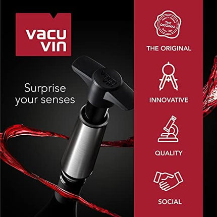 The Original Vacu Vin Wine Saver Pump and Wine Preserver with Vacu Vin Wine Stoppers Vacuum Sealers and Wine Pourers. Wine Pump is Stainless Steel. Wine Vacuum Stoppers are Black.