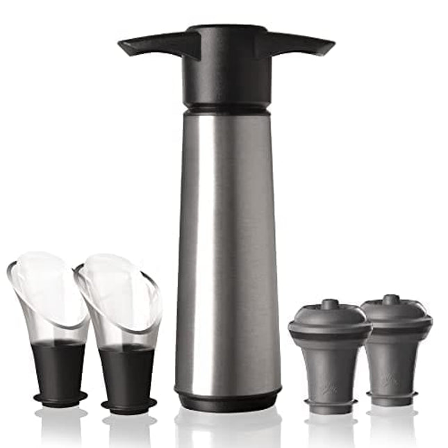 The Original Vacu Vin Wine Saver Pump and Wine Preserver with Vacu Vin Wine Stoppers Vacuum Sealers and Wine Pourers. Wine Pump is Stainless Steel. Wine Vacuum Stoppers are Black.