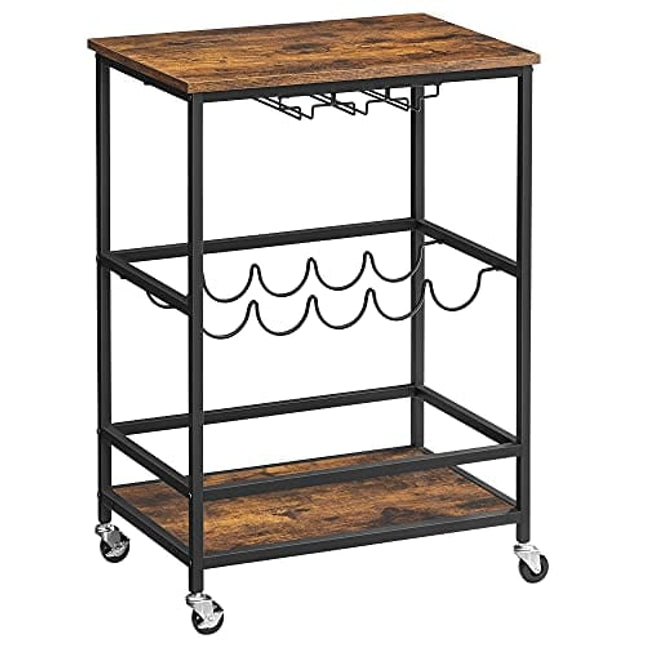 VASAGLE Bar Cart, Serving Cart with Wheels, Glass Stemware Rack and Wine Bottle Holders, 15.7 x 23.6 x 29.5 Inches, Industrial, Rustic Brown and Black ULRC087B01