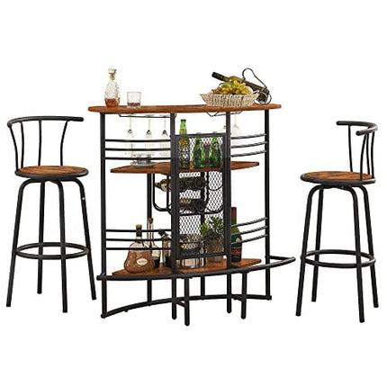 VECELO 3-Piece Set Rustic Dining Pub Storage Shelf, 2 Back, Counter Height, for Indoor Kitchen Living Room Party, bar-Table+2-barstools, Brown