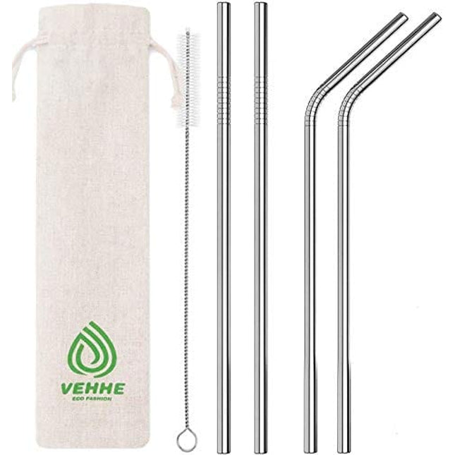 VEHHE Metal Straws Stainless Steel Straws Drinking Straws Reusable - 10.5" Ultra Long 4 + 1 - W/Cleaning Brush for 20/30 Oz for Yeti RTIC SIC Ozark Trail Tumblers (2 Straight|2 Bent|1 Brush)