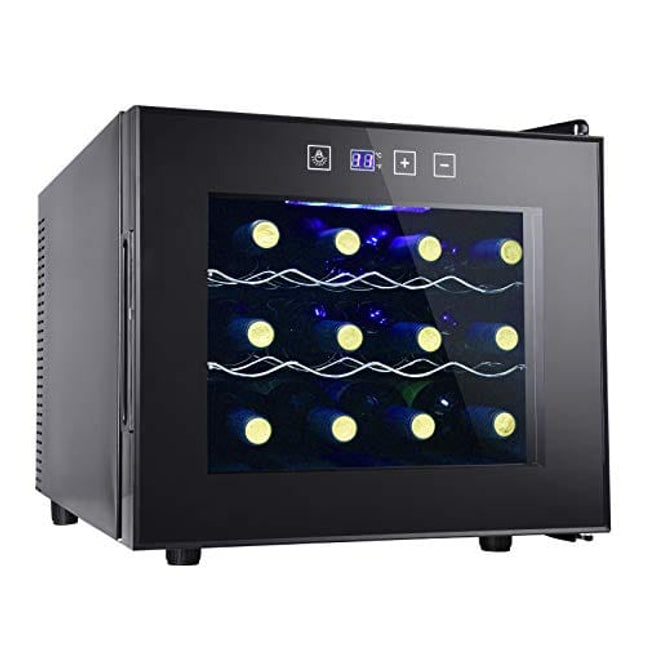12 Bottle Wine Cooler Refrigerator- Freestanding Wine Cellar for Red, White, Champagne or Sparkling Wine,Compressor Wine Chiller Digital Temperature Control Fridge Glass Door - Black