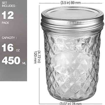 VERONES Wide Mouth Mason Jars 16oz, 12 Pack 16 oz Wide Mouth Mason Jars with Lids and Bands, Ideal for Jam, Honey, Wedding Favors, Shower Favors