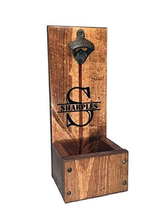 Bottle Opener with Dropbox Cap Catcher - Wall Mount or Freestanding - Laser Engraved - Personalized Christmas Gift idea for men Rustic Wood Groomsmen Gift Sets, Wedding and Anniversary Presents