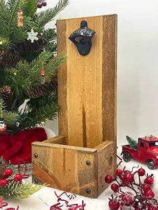 Bottle Opener with Dropbox Cap Catcher - Wall Mount or Freestanding - Laser Engraved - Personalized Christmas Gift idea for men Rustic Wood Groomsmen Gift Sets, Wedding and Anniversary Presents