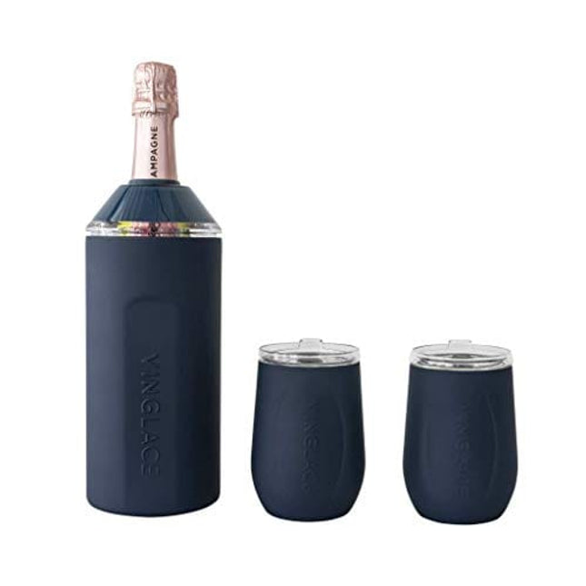 Vinglacé Wine Bottle Chiller Gift Set- Portable Stainless Steel Wine Cooler with 2 Stemless Wine Glasses, Navy