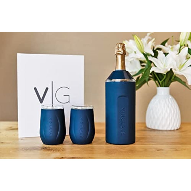 Vinglacé Wine Bottle Chiller Gift Set- Portable Stainless Steel Wine Cooler with 2 Stemless Wine Glasses, Navy