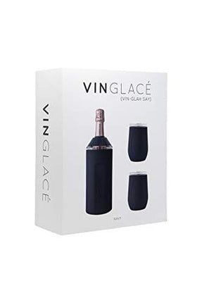 Vinglacé Wine Bottle Chiller Gift Set- Portable Stainless Steel Wine Cooler with 2 Stemless Wine Glasses, Navy