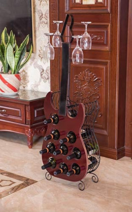 Vintage Wood and Metal Guitar Shaped 9 Bottle Freestanding Decorative Wine Holder