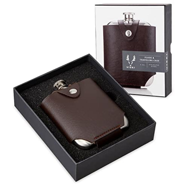 Viski Wrapped Leather Pouch-Travel Liquor Men-Stainless Steel Pocket Flask Brown Case, Set of 1