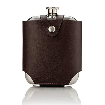Viski Wrapped Leather Pouch-Travel Liquor Men-Stainless Steel Pocket Flask Brown Case, Set of 1