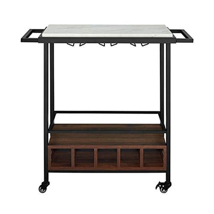 Walker Edison Marble and Wood Bar Serving Cart with Wheels Wine Glass and Bottle Kitchen Storage, 34 Inch, Marble
