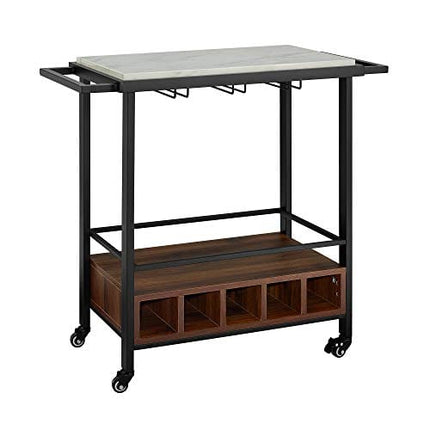 Walker Edison Marble and Wood Bar Serving Cart with Wheels Wine Glass and Bottle Kitchen Storage, 34 Inch, Marble
